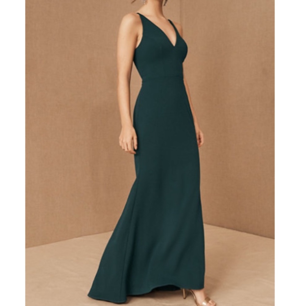 BHLDN Jones Dress - Dark Emerald Floor Length V-Neck Crepe